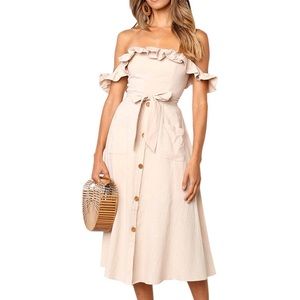 Off The Shoulder Ruffled Midi Tie Waist Dress